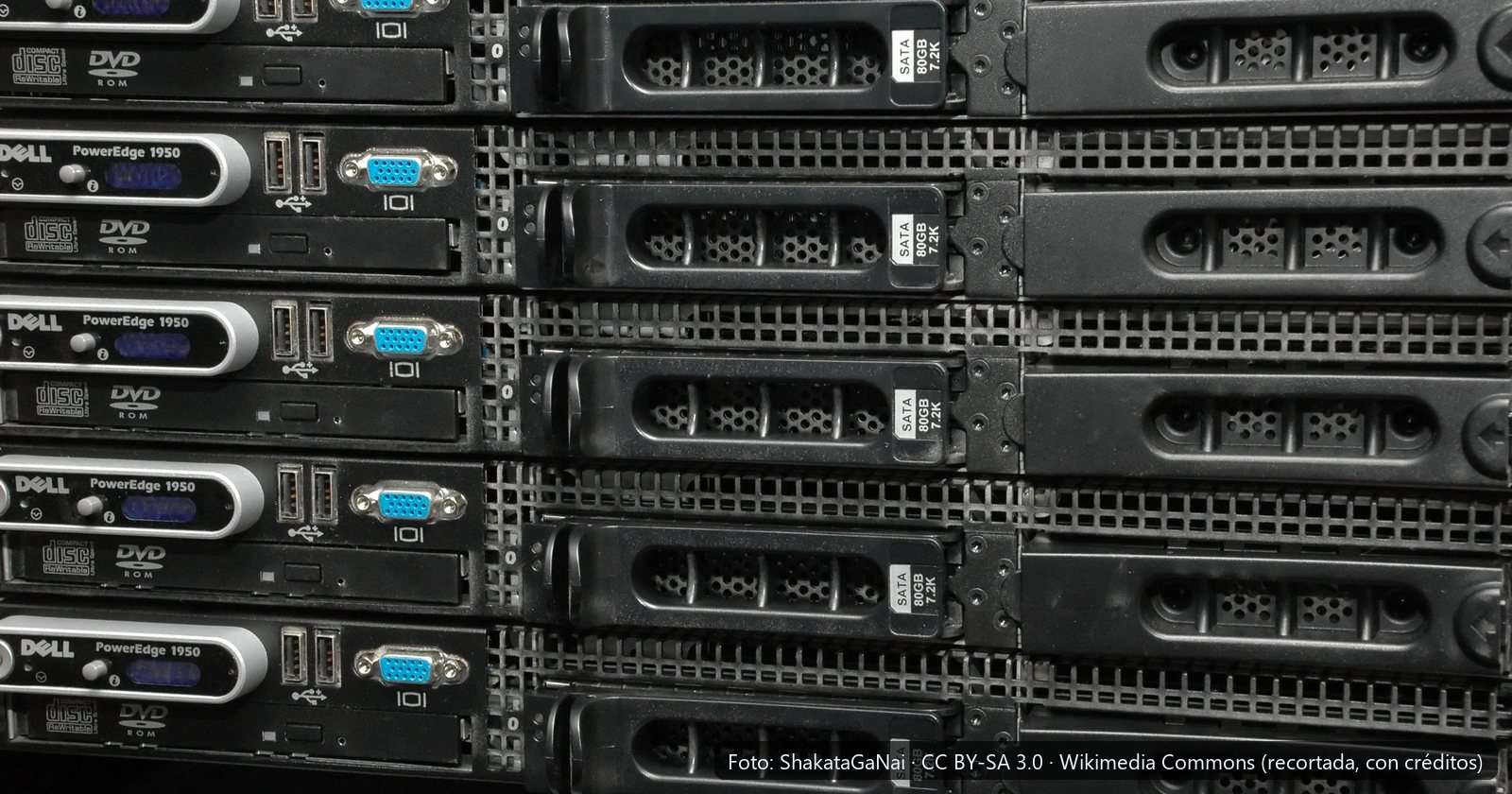 Frente de cinco servidores Dell PowerEdge en rack con sus bahías de discos intercambiables